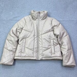 Abercrombie & Fitch Vegan Leather Ultra Puffer Jacket Beige Womens Large NO HOOD
